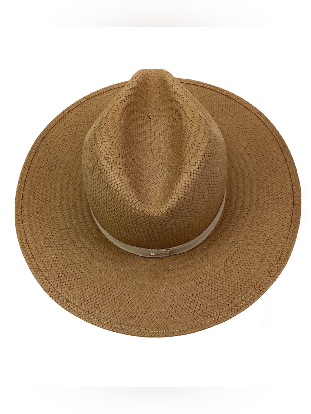 Janessa Leone Light Brown Straw Fedora Hat with natural leather band. Medium - Picture 2 of 6